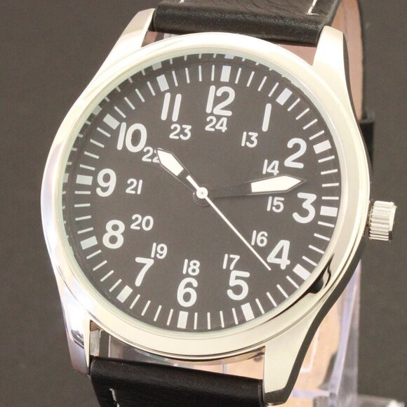 Men's Quartz Field Watch Silver Case Black Leather Strap 42mm - Picture 10 of 12